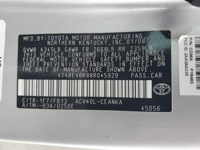 4T4BE46K88R045929 - 2008 TOYOTA CAMRY CE SILVER photo 13