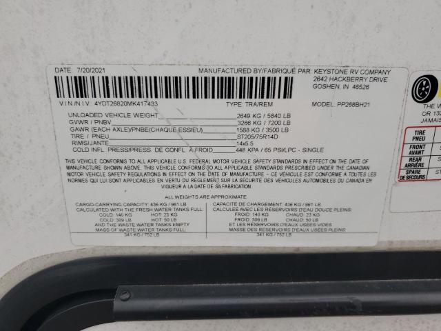 4YDT26820MK417433 - 2021 KEYSTONE PASSPORT WHITE photo 10