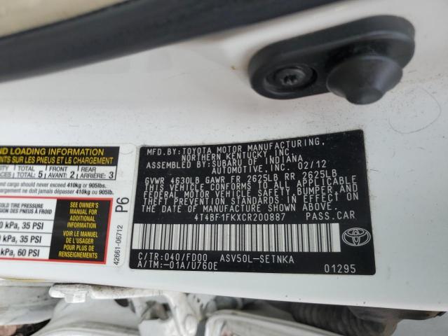 4T4BF1FKXCR200887 - 2012 TOYOTA CAMRY BASE WHITE photo 12