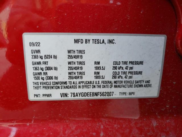 7SAYGDEE8NF562007 - 2022 TESLA MODEL Y RED photo 14