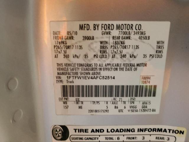 1FTFW1EV4AFC52514 - 2010 FORD F150 SUPERCREW CHARCOAL photo 12