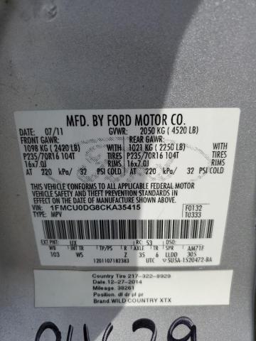 1FMCU0DG8CKA35415 - 2012 FORD ESCAPE XLT SILVER photo 12