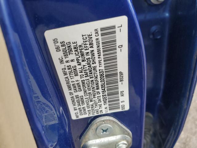 1HGES16435L020637 - 2005 HONDA CIVIC DX BLUE photo 13