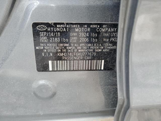 KMHD74LF6KU777679 - 2019 HYUNDAI ELANTRA SE GRAY photo 12