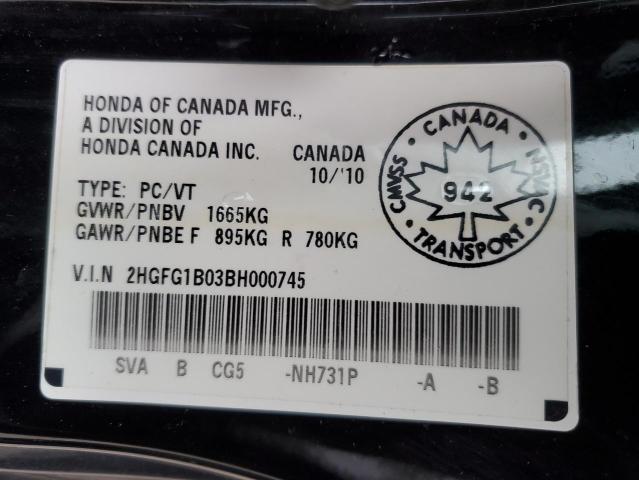2HGFG1B03BH000745 - 2011 HONDA CIVIC EXL შავი ფოტო 12
