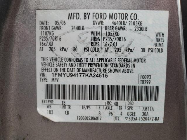 1FMYU94177KA24515 - 2007 FORD ESCAPE LIMITED GRAY photo 12