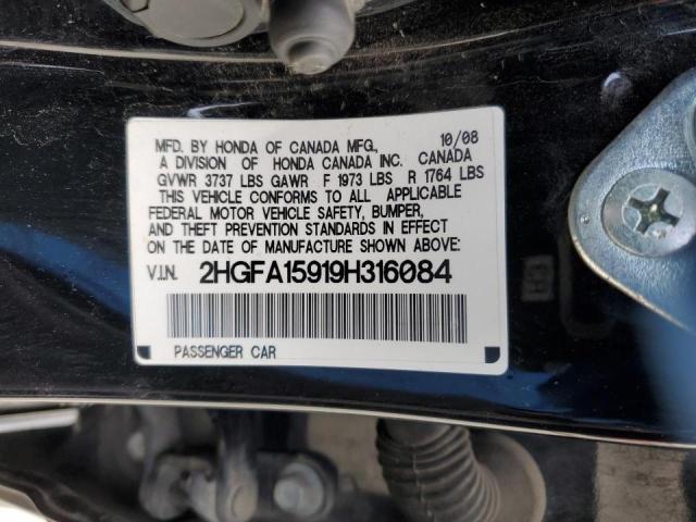 2HGFA15919H316084 - 2009 HONDA CIVIC EXL BLACK photo 12