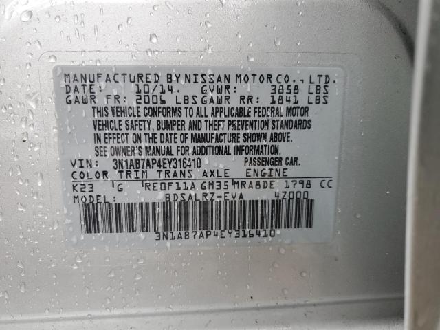 3N1AB7AP4EY316410 - 2014 NISSAN SENTRA S SILVER photo 12