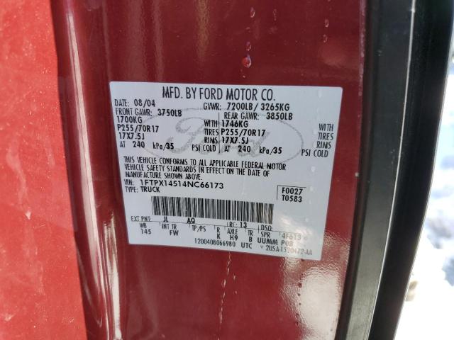 1FTPX14514NC66173 - 2004 FORD F150 MAROON photo 12