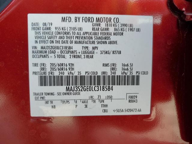 MAJ3S2GE0LC318584 - 2020 FORD ECOSPORT SE RED photo 13