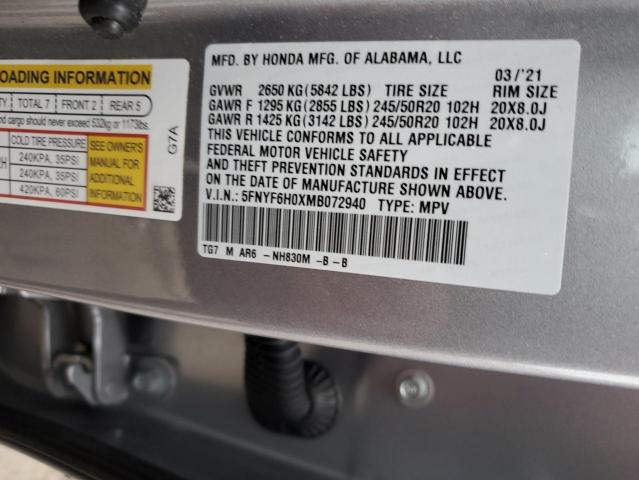 5FNYF6H0XMB072940 - 2021 HONDA PILOT ELITE SILVER photo 13