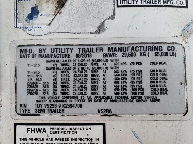 1UYVS2539K2594708 - 2019 UTILITY TRAILER WHITE photo 10