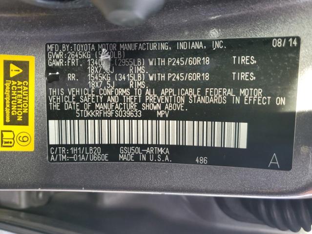 5TDKKRFH9FS039633 - 2015 TOYOTA HIGHLANDER XLE GRAY photo 13