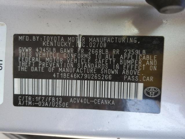 4T1BE46K79U265266 - 2009 TOYOTA CAMRY BASE SILVER photo 12