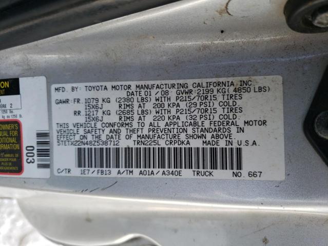 5TETX22N48Z538712 - 2008 TOYOTA TACOMA ACCESS CAB 银色 照片 12