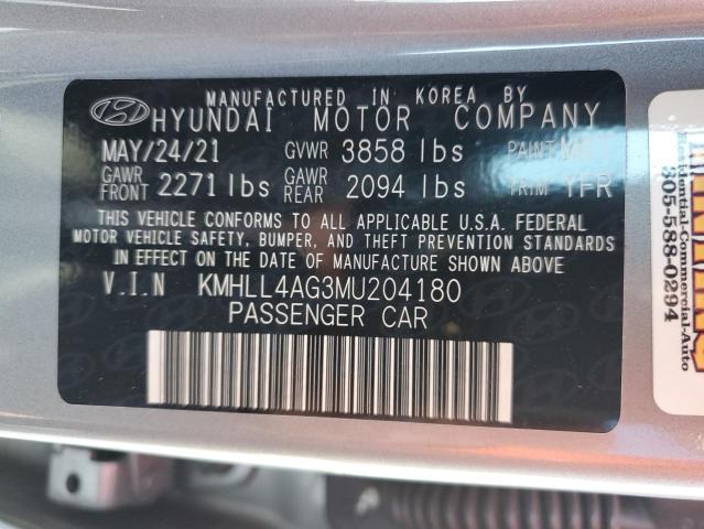 KMHLL4AG3MU204180 - 2021 HYUNDAI ELANTRA SE GRAY photo 12