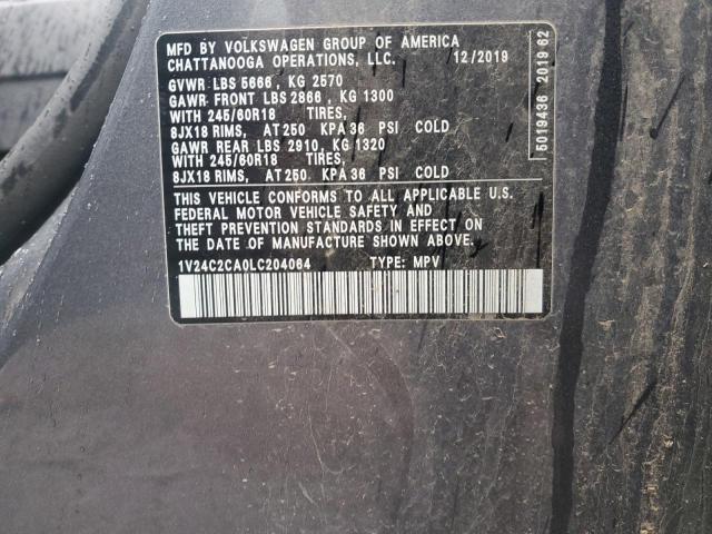 1V24C2CA0LC204064 - 2020 VOLKSWAGEN ATLAS CROS SE GRAY photo 12