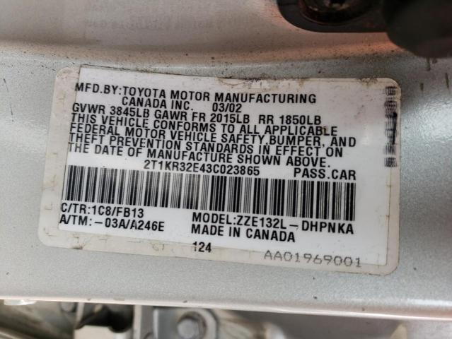 2T1KR32E43C023865 - 2003 TOYOTA COROLLA MA XR SILVER photo 13