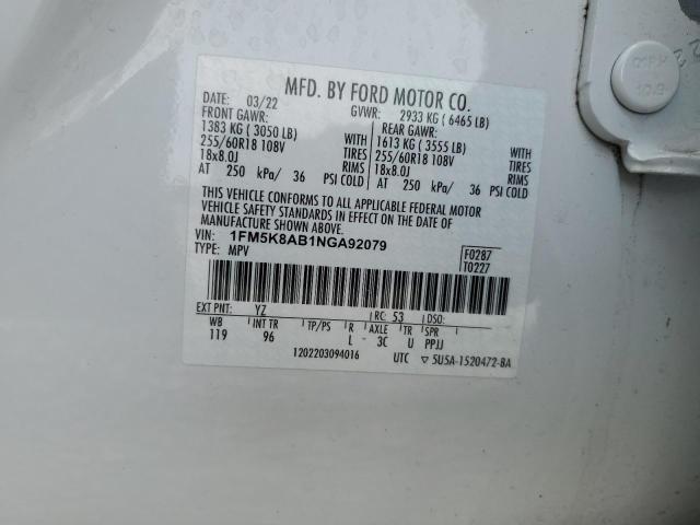 1FM5K8AB1NGA92079 - 2022 FORD EXPLORER POLICE INTERCEPTOR 白色 照片 12