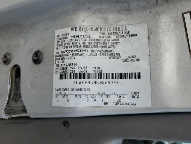 1FAFP36363W247961 - 2003 FORD FOCUS SE SILVER photo 12