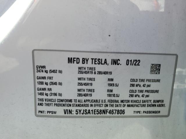 5YJSA1E58NF467806 - 2022 TESLA MODEL S WHITE photo 13