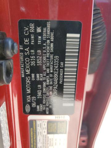 3KPA24AB8KE243359 - 2019 KIA RIO S RED photo 12