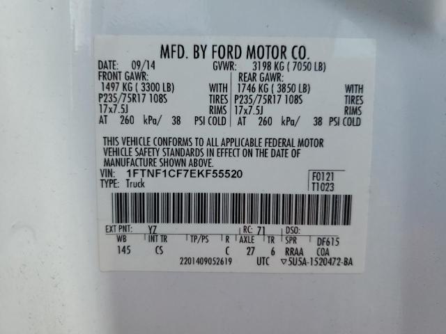 1FTNF1CF7EKF55520 - 2014 FORD F150 WHITE photo 12