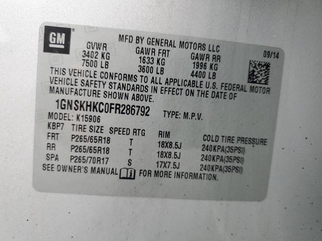 1GNSKHKC0FR286792 - 2015 CHEVROLET SUBURBAN K1500 LS SILVER photo 13