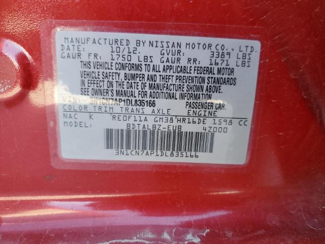 3N1CN7AP1DL835166 - 2013 NISSAN VERSA S BURGUNDY photo 12