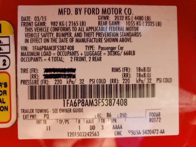 1FA6P8AM3F5387408 - 2015 FORD MUSTANG RED photo 13