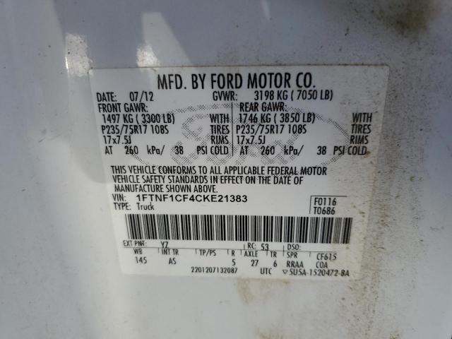 1FTNF1CF4CKE21383 - 2012 FORD F150 WHITE photo 12