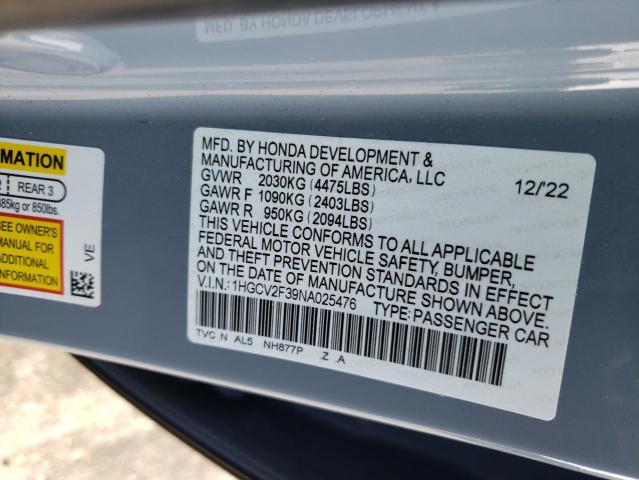 1HGCV2F39NA025476 - 2022 HONDA ACCORD SPORT GRAY photo 12