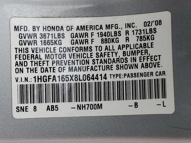 1HGFA165X8L064414 - 2008 HONDA CIVIC LX SILVER photo 12