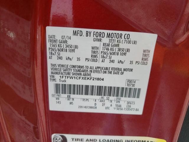 1FTFW1CFXEKF21804 - 2014 FORD F150 SUPERCREW RED photo 12