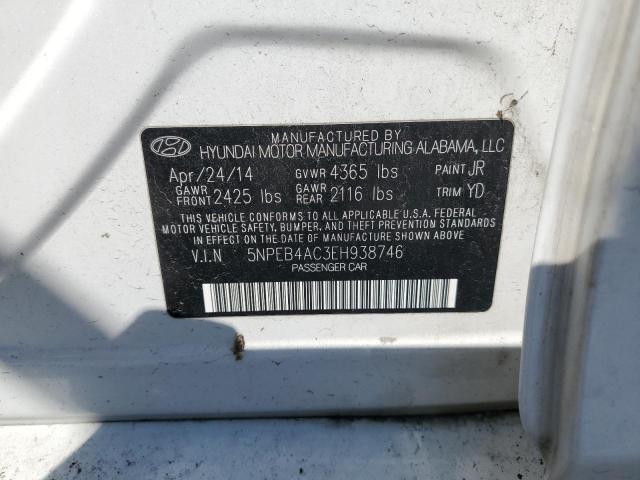 5NPEB4AC3EH938746 - 2014 HYUNDAI SONATA GLS WHITE photo 12