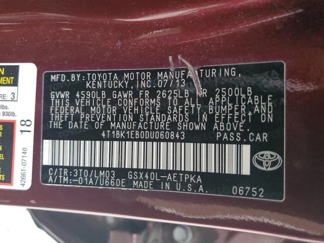 4T1BK1EB0DU060843 - 2013 TOYOTA AVALON BASE BURGUNDY photo 12