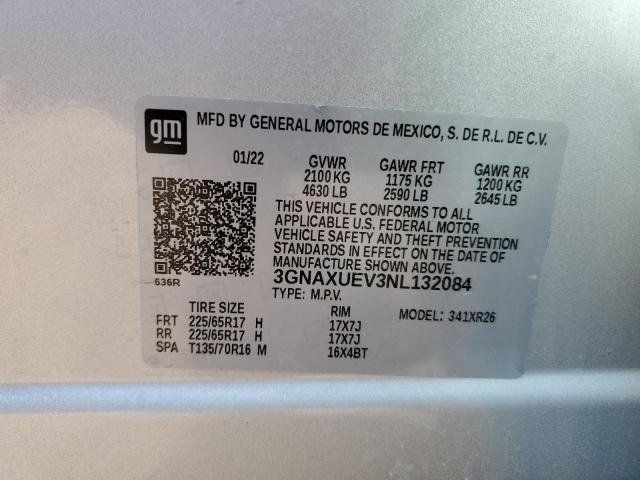 3GNAXUEV3NL132084 - 2022 CHEVROLET EQUINOX LT SILVER photo 12