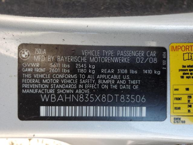 WBAHN835X8DT83506 - 2008 BMW 750 LI SILVER photo 12