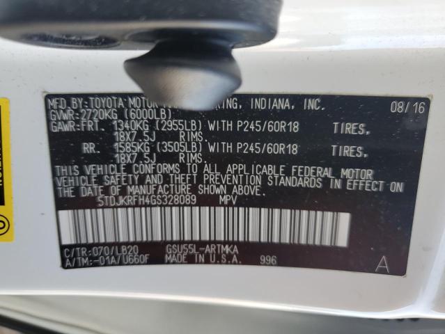 5TDJKRFH4GS328089 - 2016 TOYOTA HIGHLANDER XLE 白色 照片 13