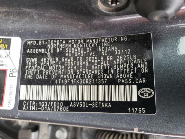 4T4BF1FK3CR211357 - 2012 TOYOTA CAMRY BASE GRAY photo 12