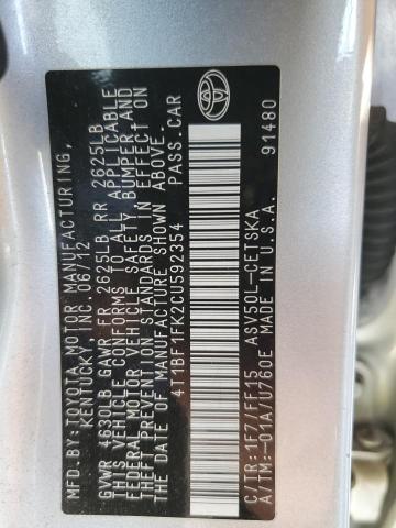 4T1BF1FK2CU592354 - 2012 TOYOTA CAMRY BASE SILVER photo 13