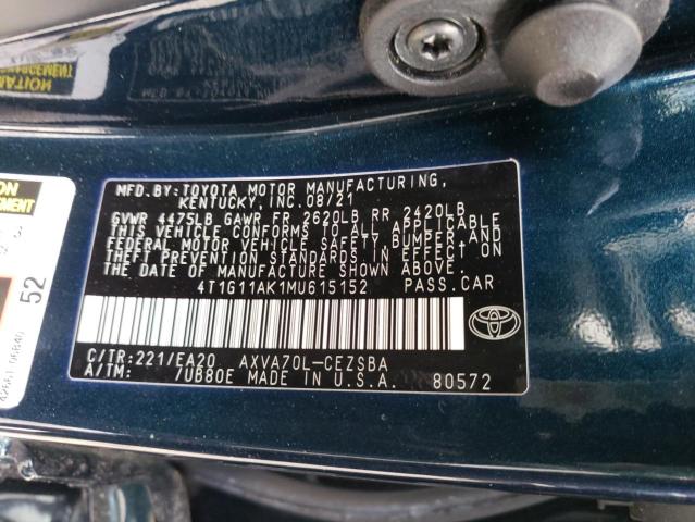 4T1G11AK1MU615152 - 2021 TOYOTA CAMRY SE TEAL photo 12