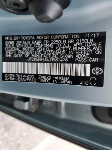 JTDKBRFU5J3581478 - 2018 TOYOTA PRIUS TURQUOISE photo 12