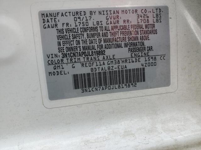 3N1CN7AP0JL819892 - 2018 NISSAN VERSA S WHITE photo 12