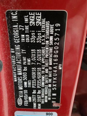 5XYKU4A16BG025719 - 2011 KIA SORENTO EX RED photo 12