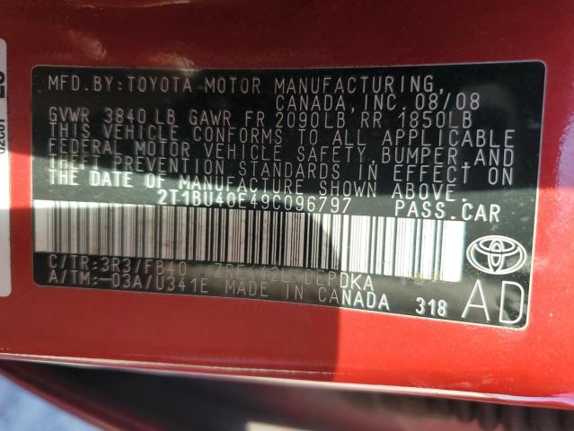 2T1BU40E49C096797 - 2009 TOYOTA COROLLA BASE RED photo 12