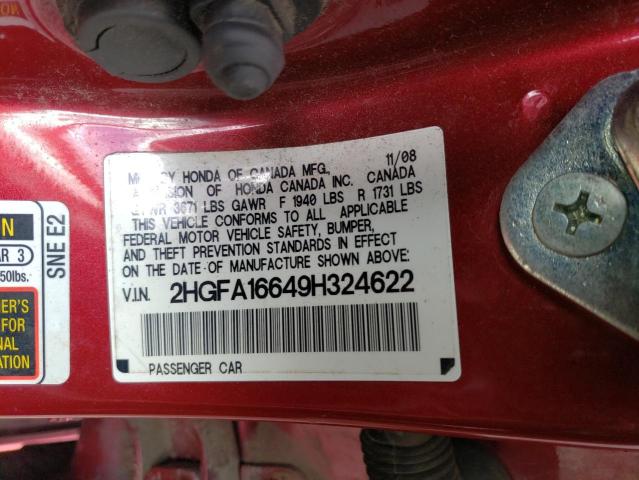 2HGFA16649H324622 - 2009 HONDA CIVIC LX-S Բորդո լուսանկար 12