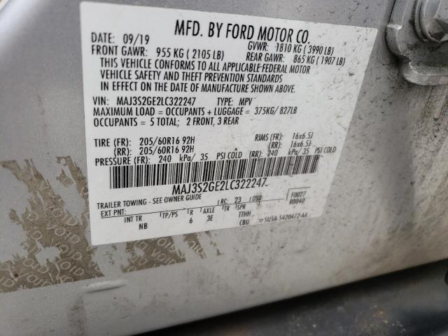 MAJ3S2GE2LC322247 - 2020 FORD ECOSPORT SE SILVER photo 12