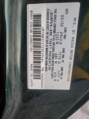 JM1NB353720230464 - 2002 MAZDA MX-5 MIATA BASE GREEN photo 12