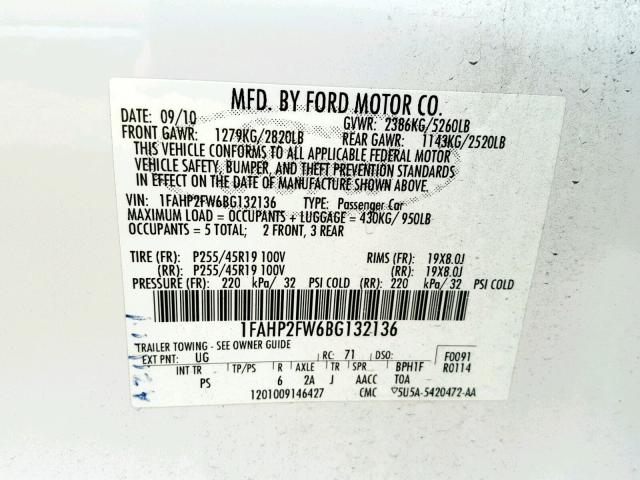 1FAHP2FW6BG132136 - 2011 FORD TAURUS LIMITED  photo 10